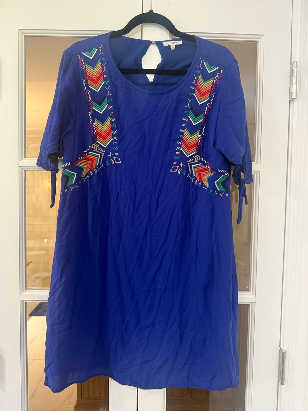 JODIFL Cobalt Blue Mini Dress with Multicolor Chevron Embroidery